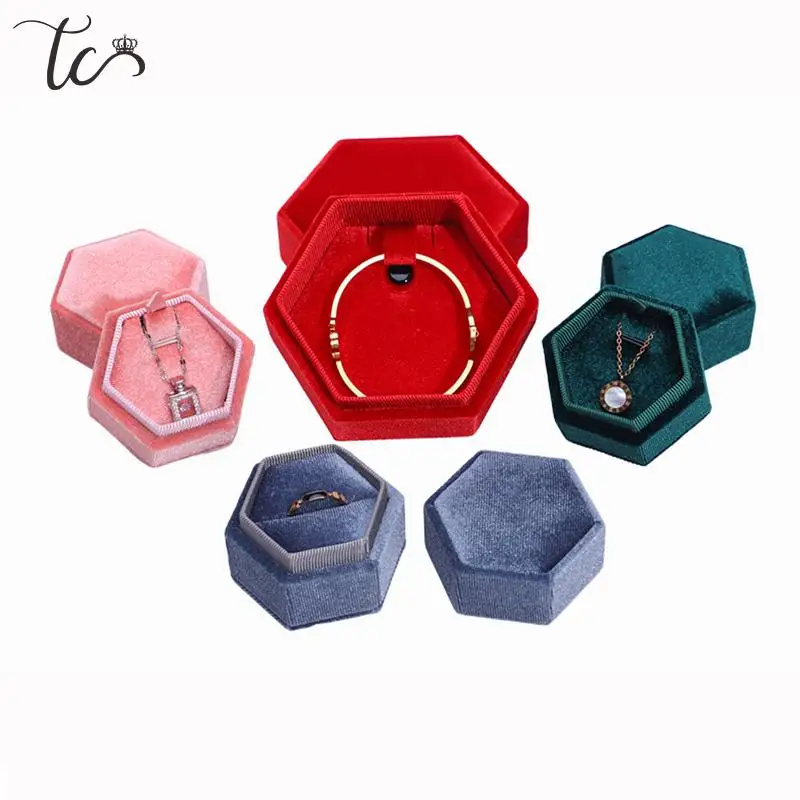 Joyero Hexagonal de terciopelo para anillos, pendientes, collar, colgante, pulsera, caja de exhibición de almacenamiento, caja de regalo de propuesta de boda