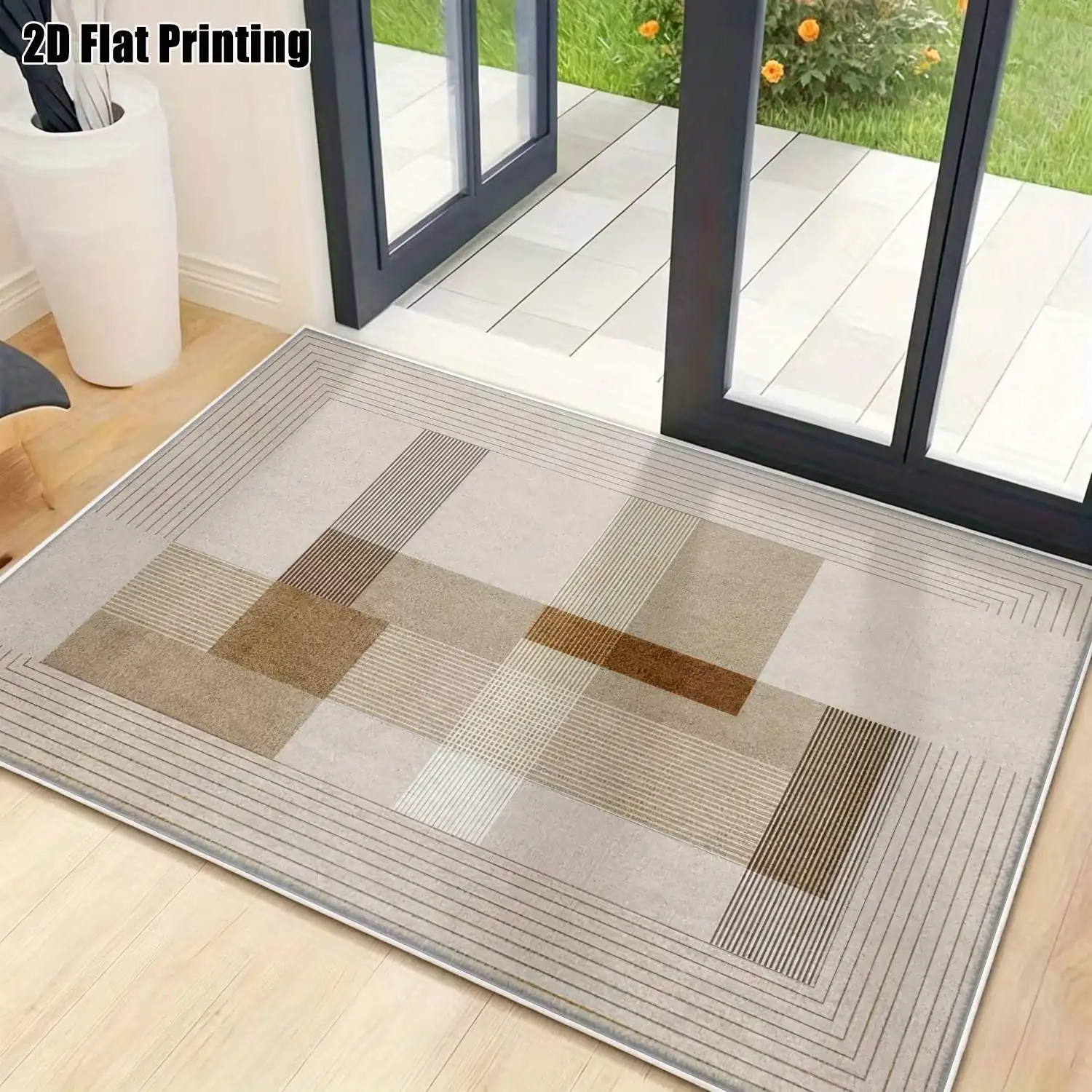 1Pc 2D Printed Velvet Carpet, Beige Geometric Line Pattern Nordic Modern Minimalist European Instagram Style, Home Decor Floor Mat, Multi-Size, Machine Washable, for Entrance, Dining, Foyer, Living Room, Bedroom