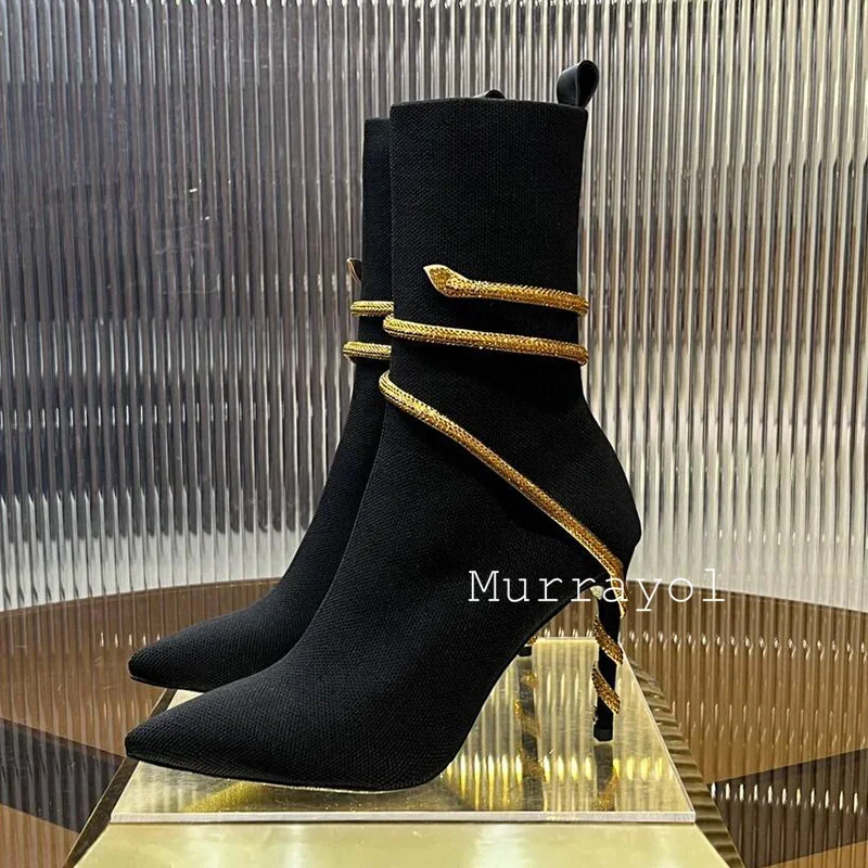 Pointed Toe High Heel Elastic Boots Women Serpentine Winding Rhinestone Decor Sock Boots Spring Autumn British Style Short Boots