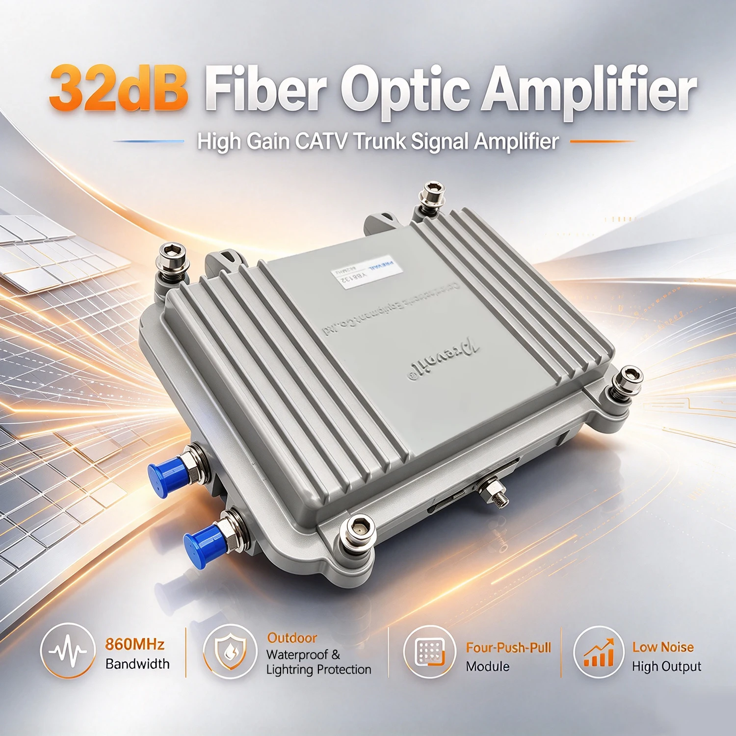 32dB Cable TV RF Signal Amplifier Indoor Type 45-860MHz 1 In 2 Out, Adjustable Output CATV Amplifier
