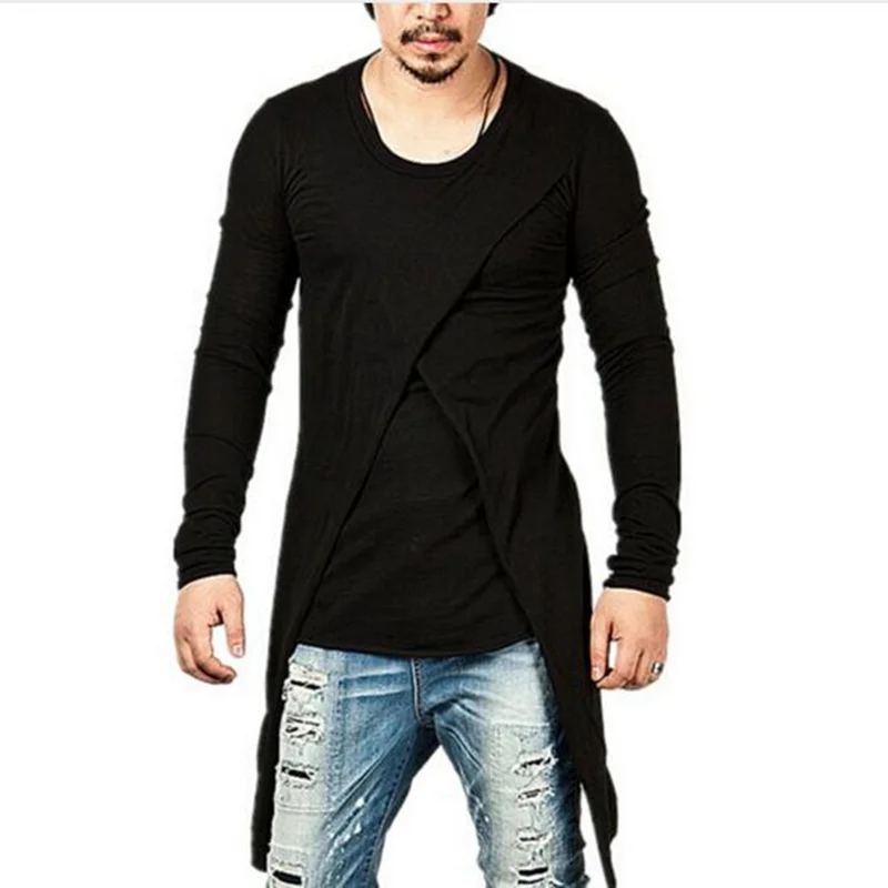 Men nightclub punk hiphop long sleeve t shirt singer stage costume asymmetrical design men gothic hip hop tee shirts street wear