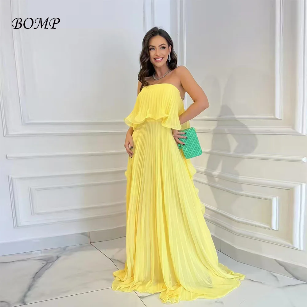 

BOMP Elegant Yellow Wedding Party Dess Strapless Draped A-Line Floor Length Pleat Chiffon Evening Birthday Dresses Customized