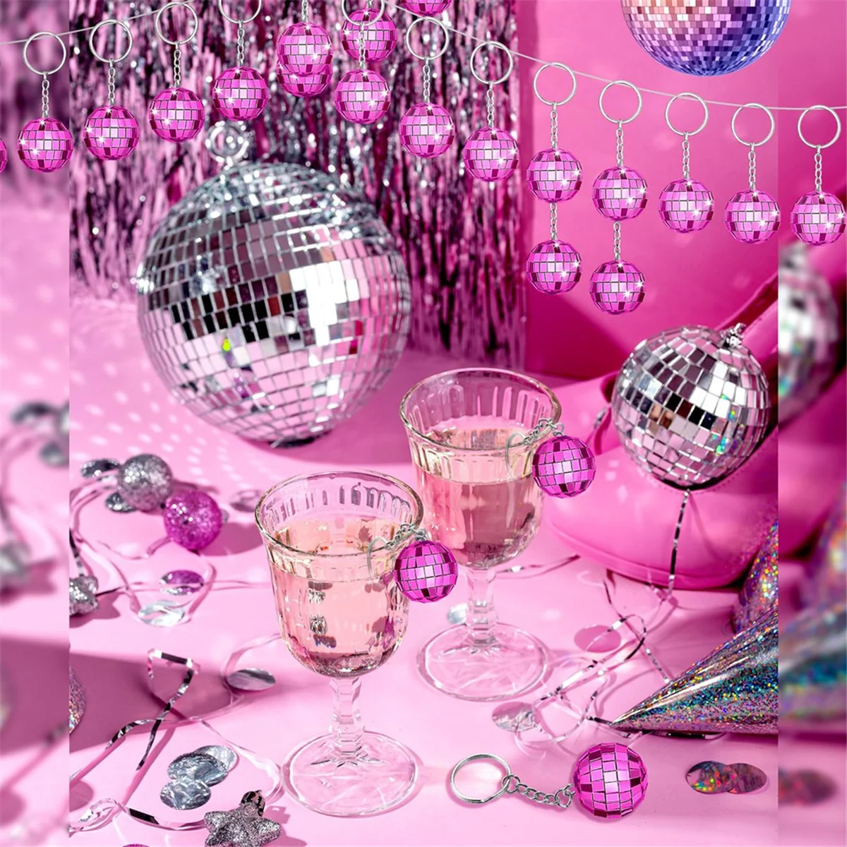 2025+ 25個 ディスコボールキーホルダー、ローズレッドディスコキーホルダーまとめ買い、ミニディスコボールキーホルダーパーティーグッズ、パーティーデコレーション用