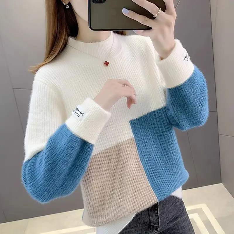 Coltrui Vrouwen Dikker Color Blocking Nertsen Bont Gebreide Trui Herfst Winter Losse Basic Trui Jas Femme Jumper