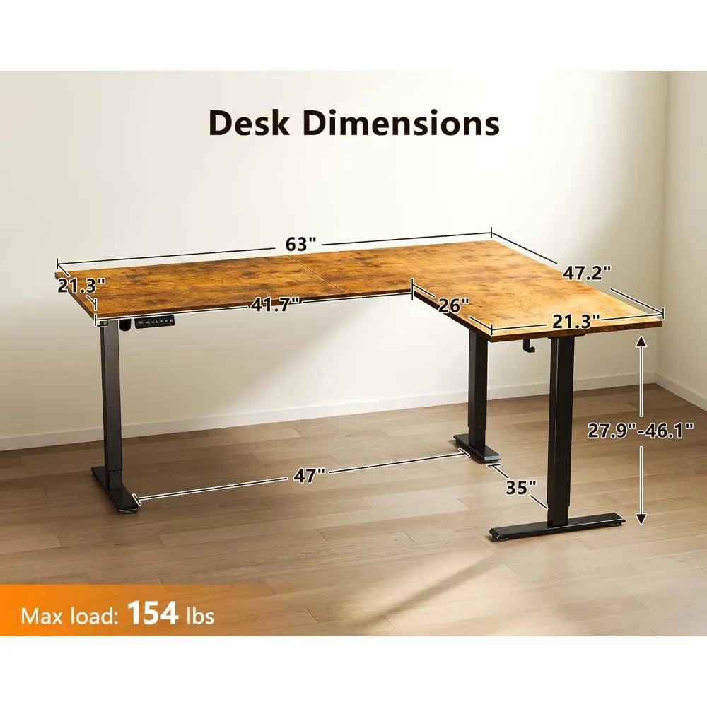 مكتب كهربائي على شكل حرف L مقاس 63 بوصة، مكتب قائم زاوية بارتفاع قابل للتعديل، طاولة رفع كبيرة مريحة #3