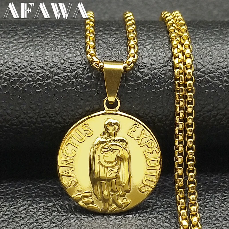 Sanctus Expeditus Medallion Pendant Necklace for Stainless Steel Men Women Gold Color Catholicism Amulet Chain Jewelry