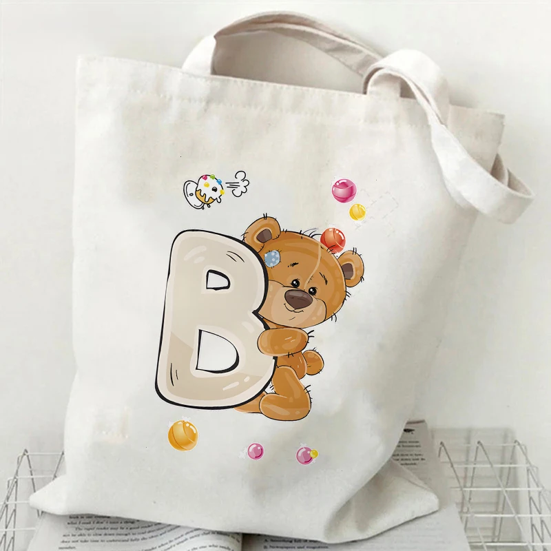 مضحك لطيف الدب قماش حمل حقيبة للنساء حقيبة يد خمر Y2K جماليات حمل حقيبة موضة A-Z 26 الأبجدية حقيبة كتف الإناث