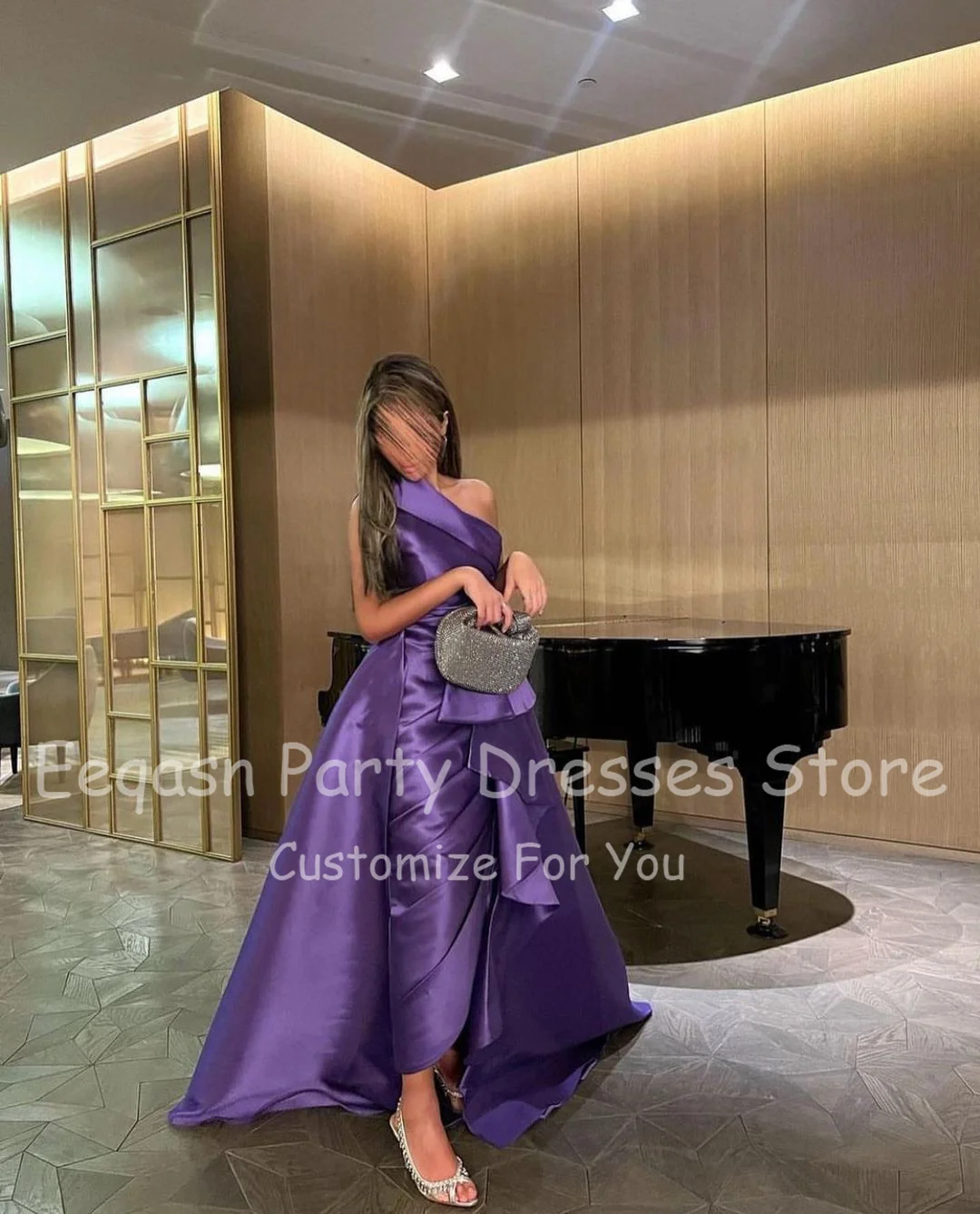 Eeqasn roxo uma linha de cetim vestidos de baile saudita árabe fenda um ombro plissados simples vestidos de noite feminino formal vestido de ocasião