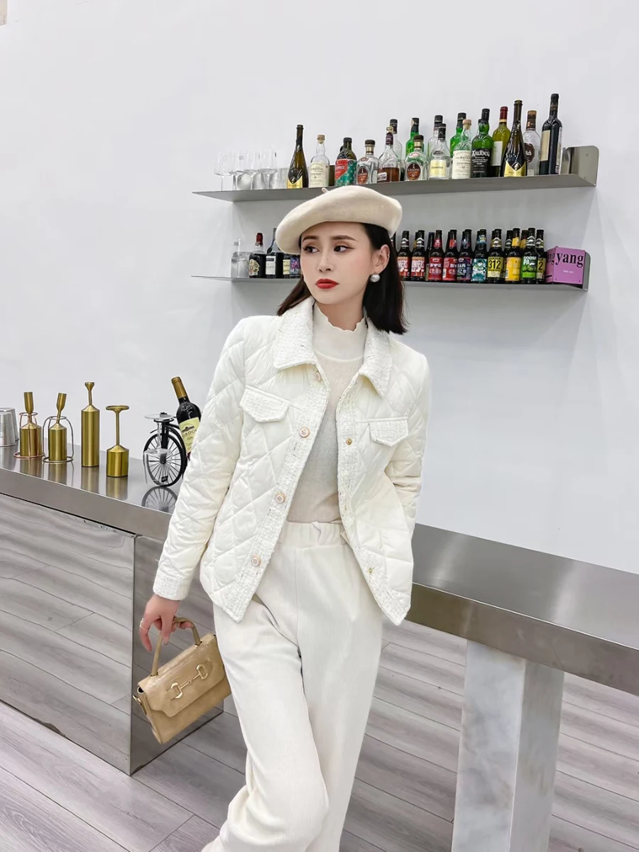 

Модная короткая хлопковая куртка для женщин: повседневная, легкая, осенне-зимняя, из твида с пэчворком, утепленная, с длинными рукавами