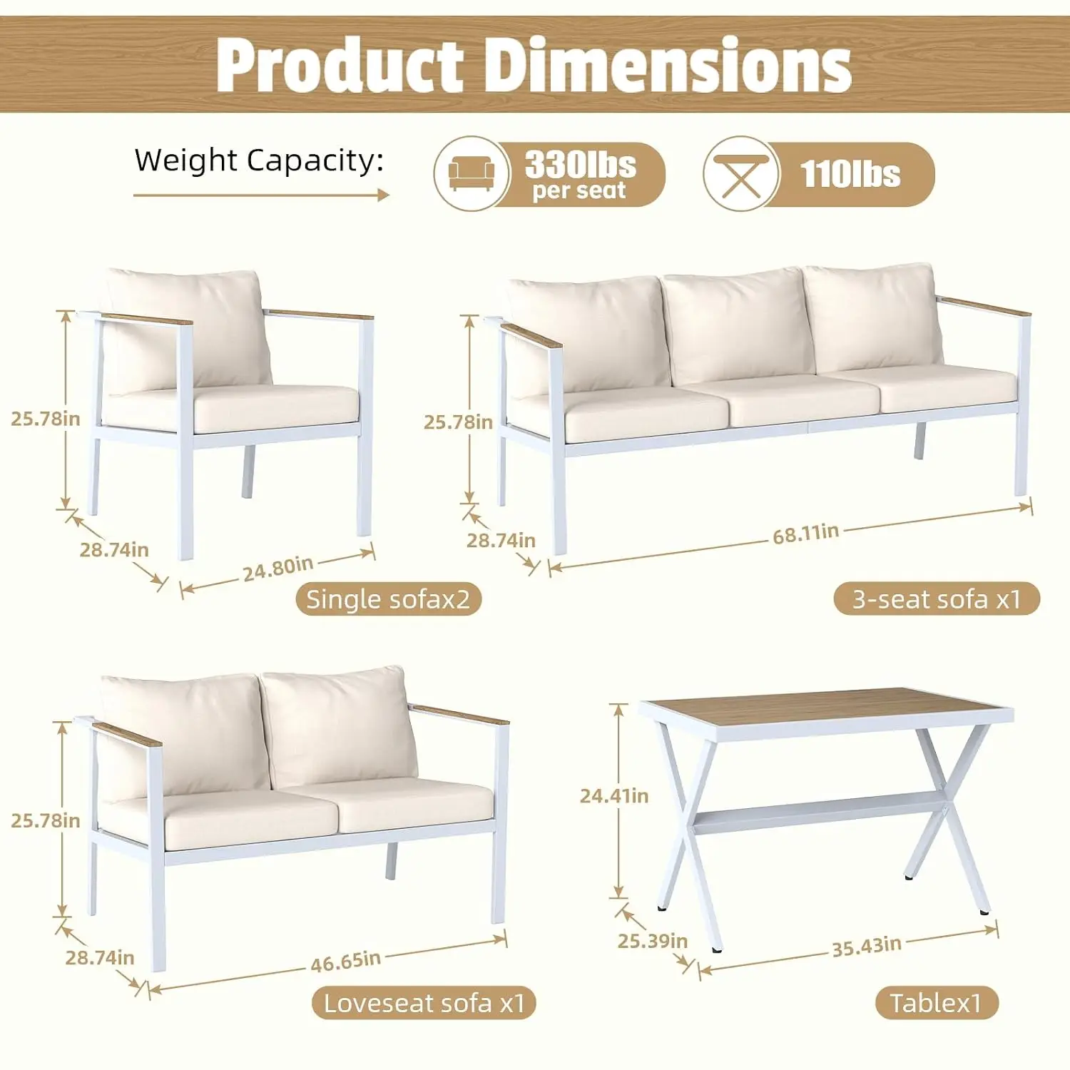 Aluminum Patio Sofa Set 5 Piece with Olefin Cushions, Rustproof Frame, Non-Slip Feet for Balcony Backyard Porch, Customized
