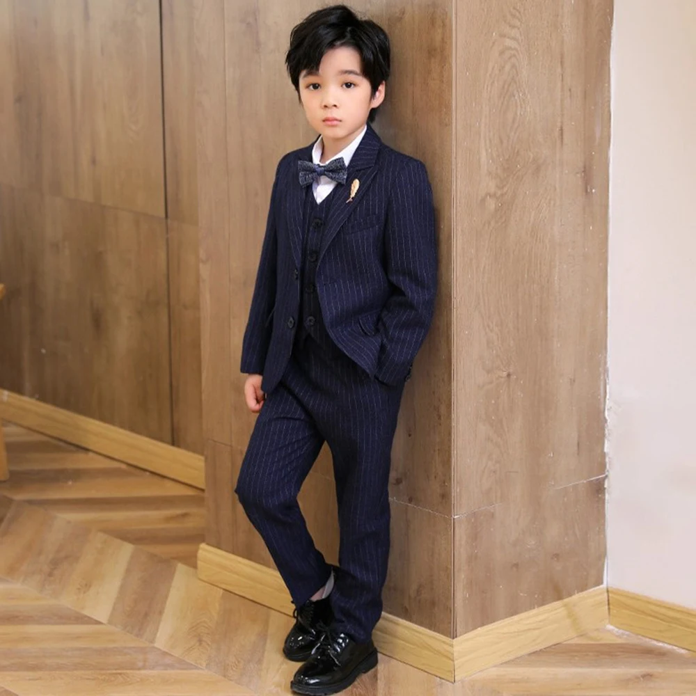 

Boys' Navy Striped Suit for Boys 3-16 Years 3Piece Gentleman Tuxedo Outfit for Weddings Boys Pinstripe Suit Set Single breasted