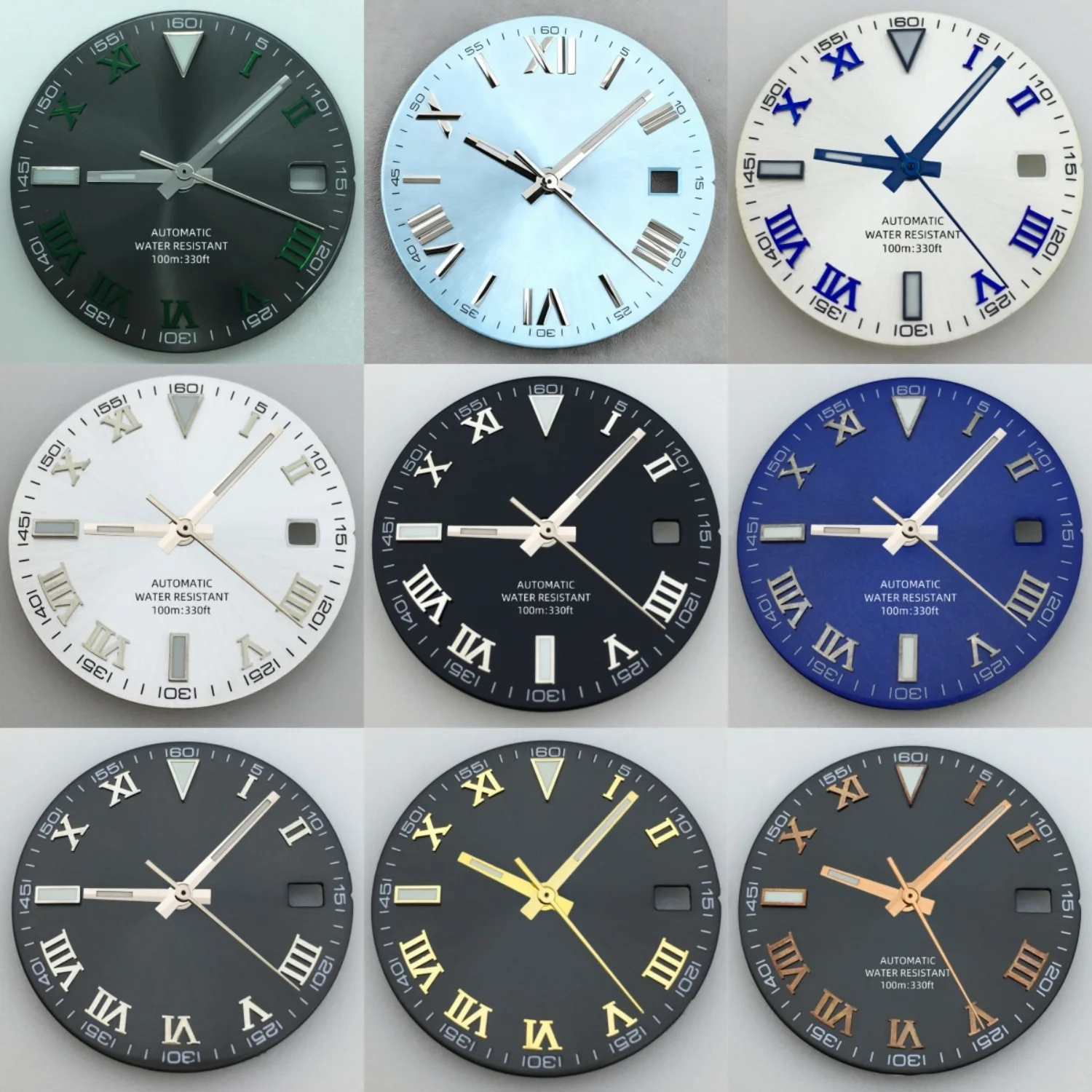 29mm Sunburst DATE Series Watch Dial Roman Metallic Markers Dial Hands Green Luminous Fits NH35 NH36 NH38 NH70 NH71 Movement