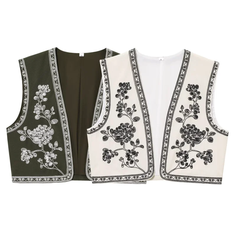 

Embroidered Vest Top Ethnic Style Sleeveless Cropped Loose Fit Outdoor Activities Streetwear Spring Autumn Layering Piece