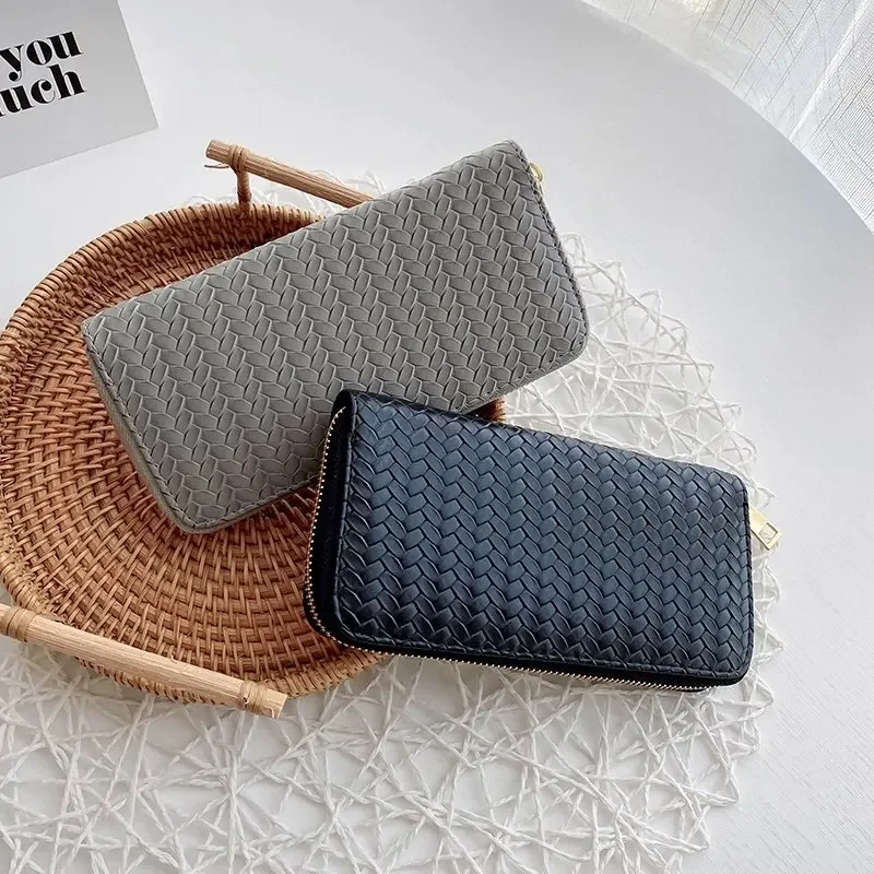 Women Weave Wallet Wrist Handle Phone Case Long Section Money Pocket Pouch Handbag Women Purse Card Holder Wallet