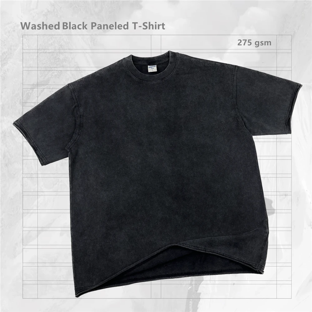 Washed Black Heavy Cotton Paneled T-Shirt For Men Unisex Short Sleeve Batik Tee Summer Streetwear