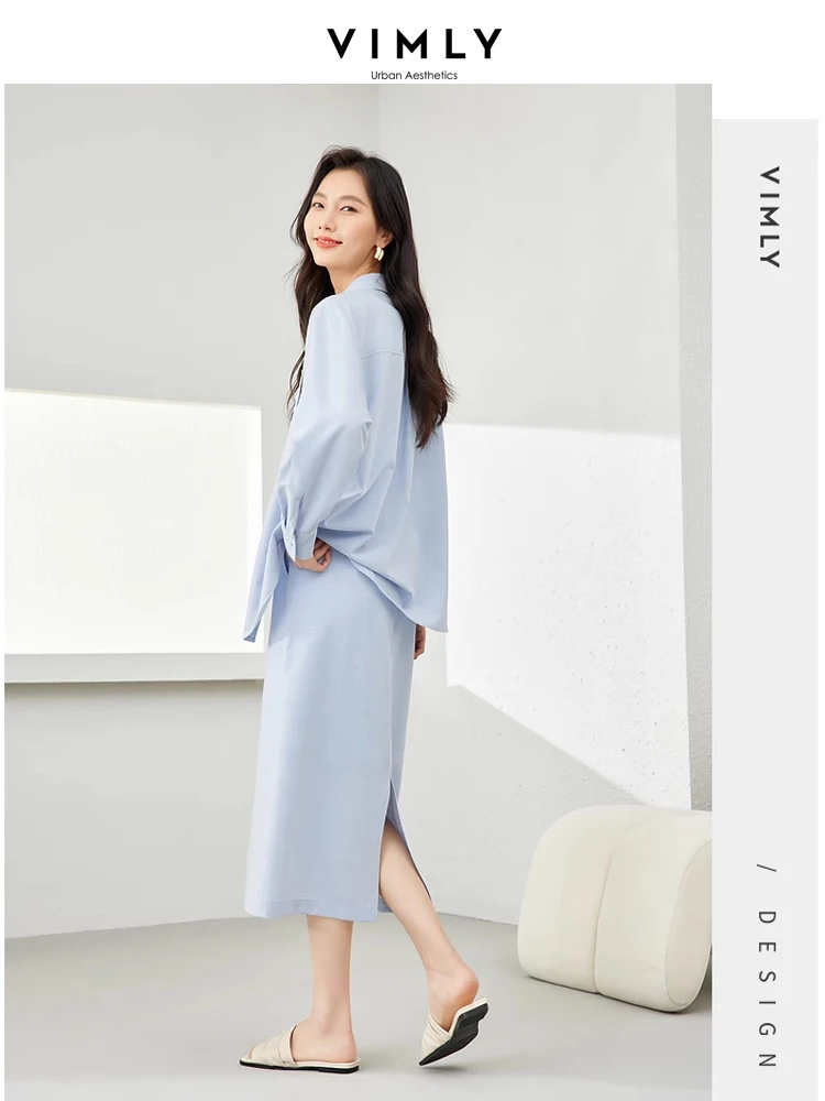 Vimly Women Spring Outfit 2 Piece Set 2024 Clothing New in Matching Sets Blue Straight Split Midi Skirts Button Down Shirt M5062