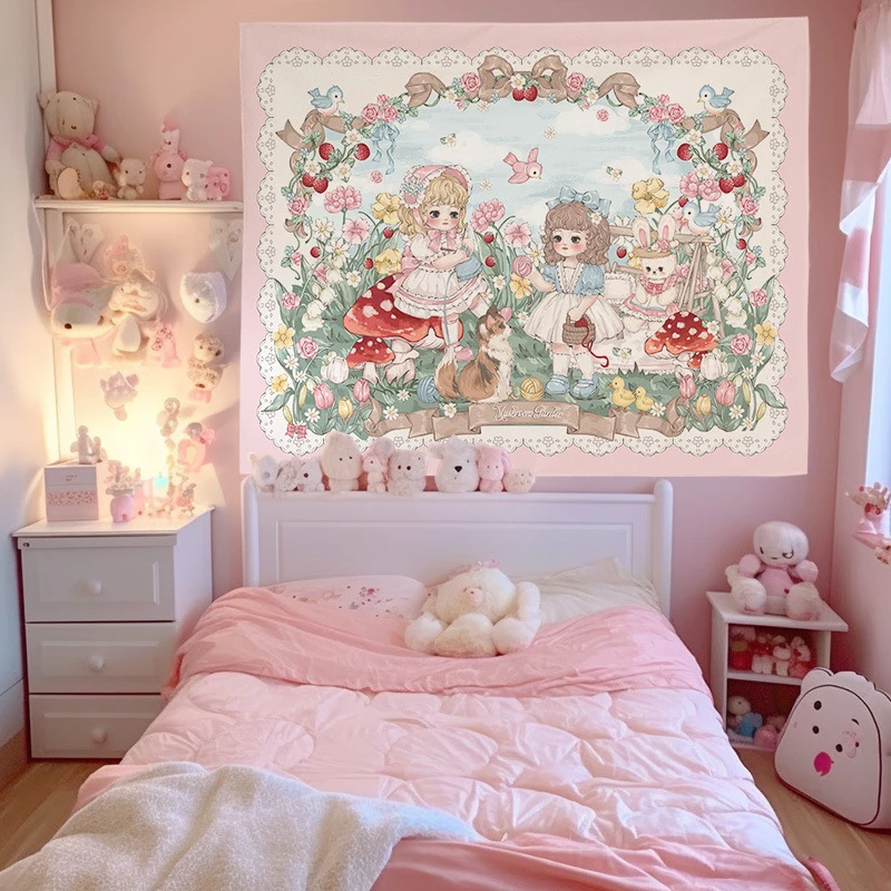 VIKAMA Cute Teddy Bear Kawaii Pastel Wall Tapestry, Soft Aesthetic Hanging Cloth for Girls Bedroom Nursery Kids Room Decor