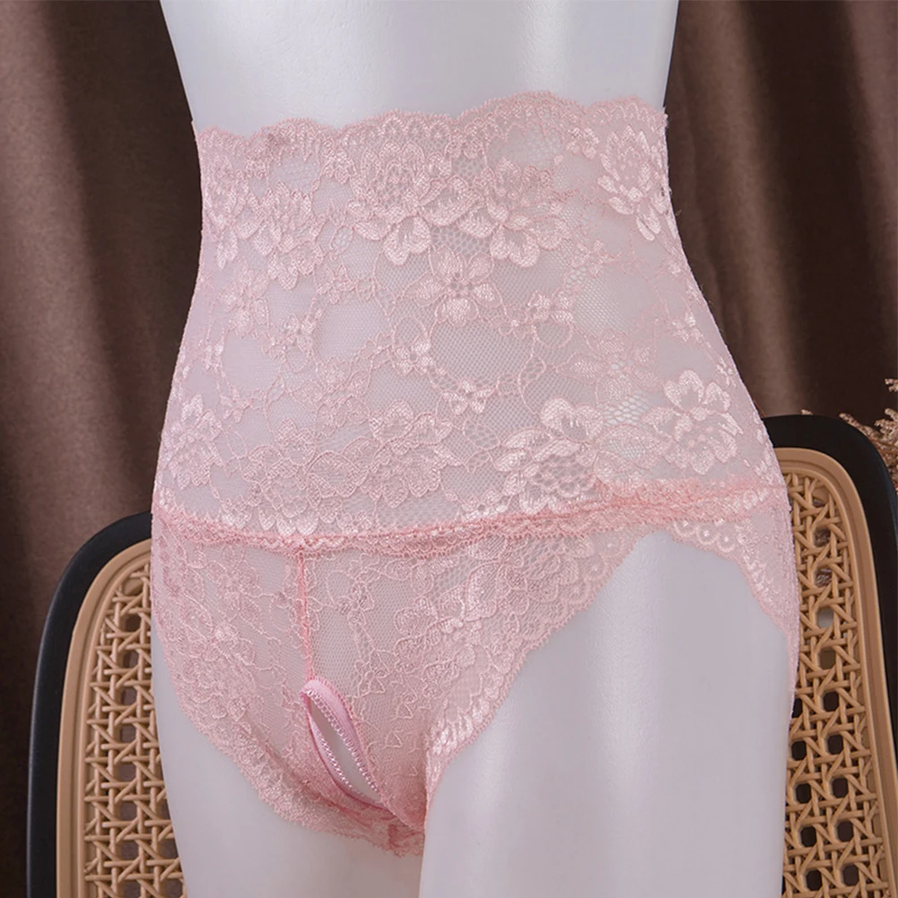 Sexy Women Lace Briefs Crotchless Transparent Panties Ultra-thin Hight Waist Underwear Solid Elasticity Knickers Erotic Lingerie