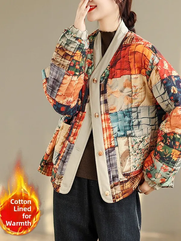 Autentyczna kurtka zimowa z bawełnianą podszewką w stylu retro, ciepła odzież wierzchnia, luźny krój z dekoltem w serek, drukowany płaszcz z bawełny i lnu dla kobiet.