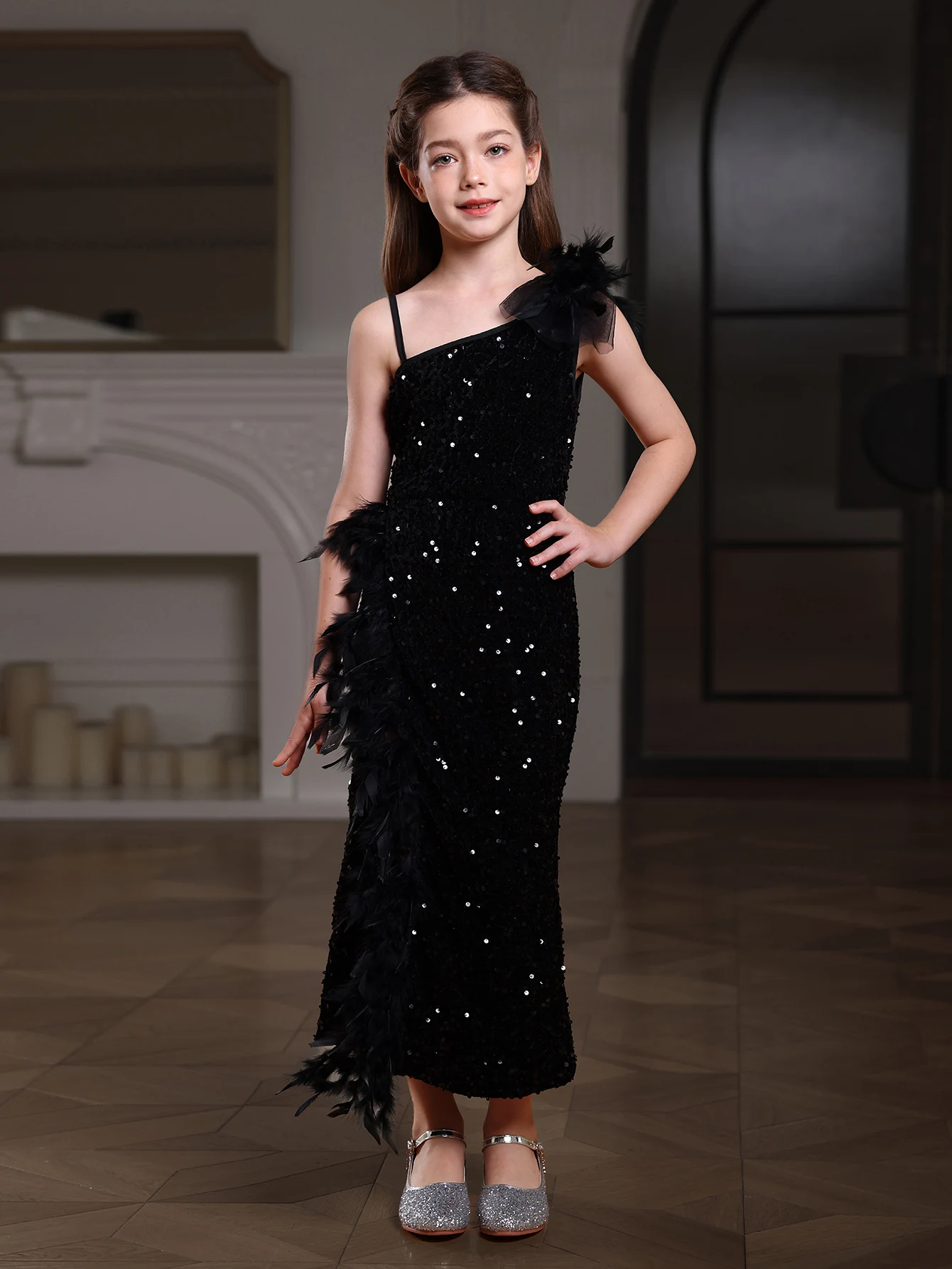 Girl\'s Gorgeous Sequin Prom Slim Fit Dress, Oblique shoulder Split Stitching Natural Feather Dress For Wedding Birthday Party