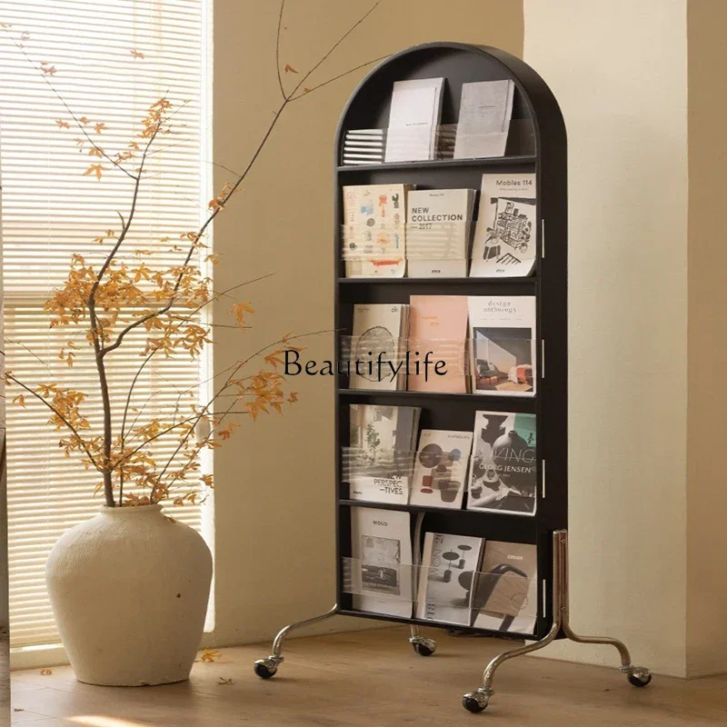 02*Solid wood dressing full body floor mirror household fitting mirror movable with magazine rack