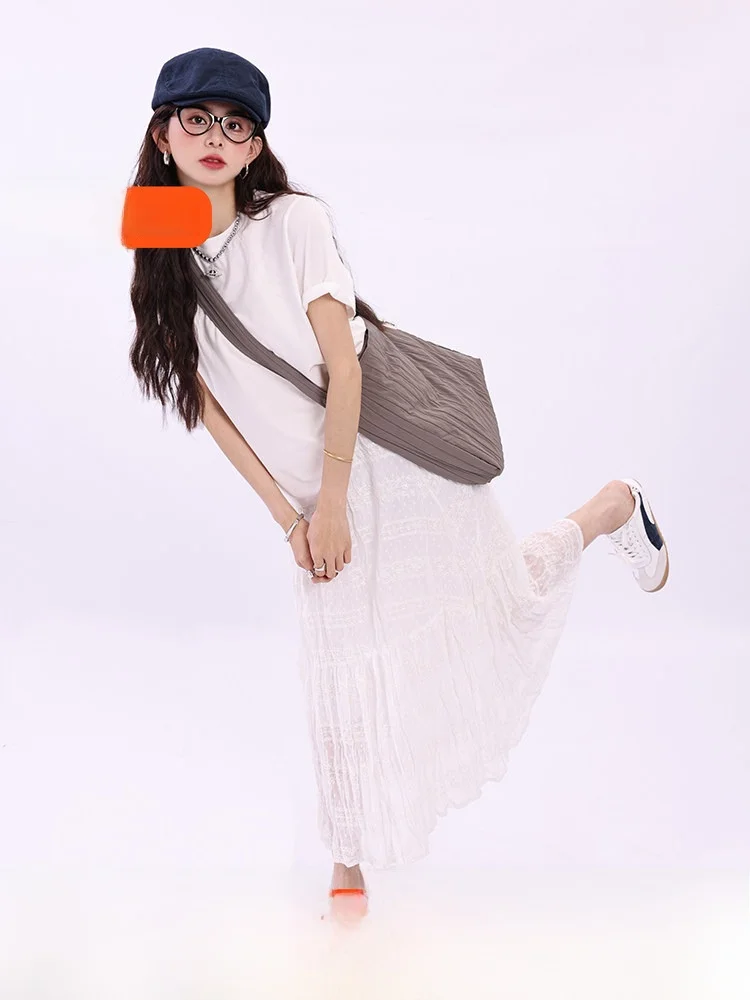 

Chen Jiajie Coast Wind White Lace f Skirt Women's New 2025 High Waist Anti-aging Me A-line Long Skirt Casual Sle