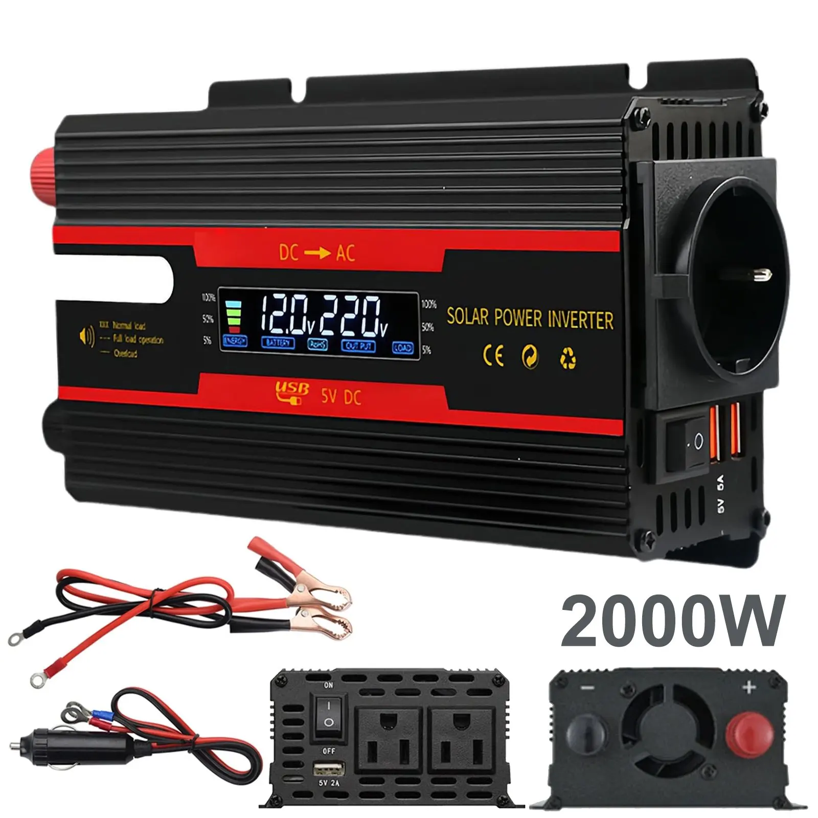 Convertisseur de tension pour voiture 2000W, DC 12V/24V vers AC 220V, transformateur d'alimentation portable pour véhicule, alimentation de secours pour voiture, camping-car, camion, camping et utilisation en extérieur.