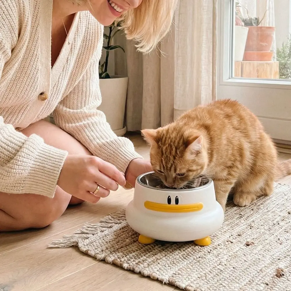 

2 in 1 Cat Slow-Feeding Bowl Anti-choke Anti-Slip Pet Drinking Bowl Duck Shape Detachable High Foot Bowl for Cats Dogs