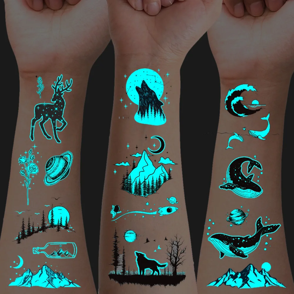 12 Pieces of Blue Glow-In-The-Dark Tattoo Stickers with Mountain and River Natural Elements, Whale, Deer, Planet, Wolf Patterns, Tattoo Stickers for Nightclub Parties, Birthday Gifts, Concert Decorations