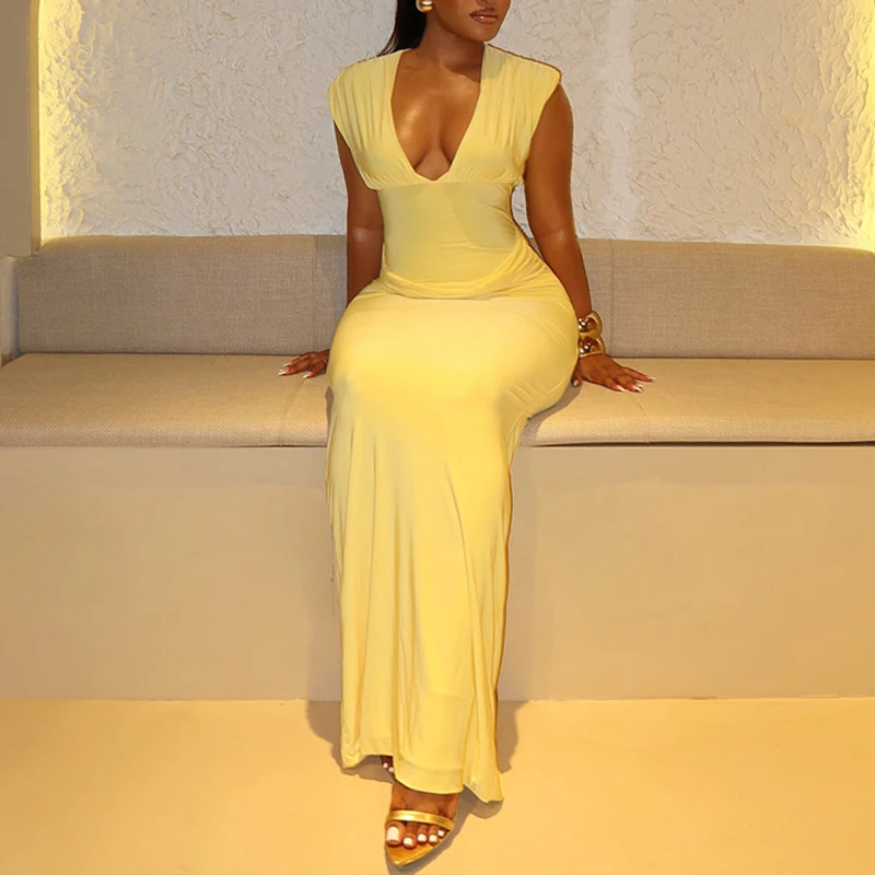 BKLD elegante temperamento cuello en V sin mangas ceñido al cuerpo plisado Color sólido paquete cadera vestido largo para mujeres fiesta Club ropa elegante