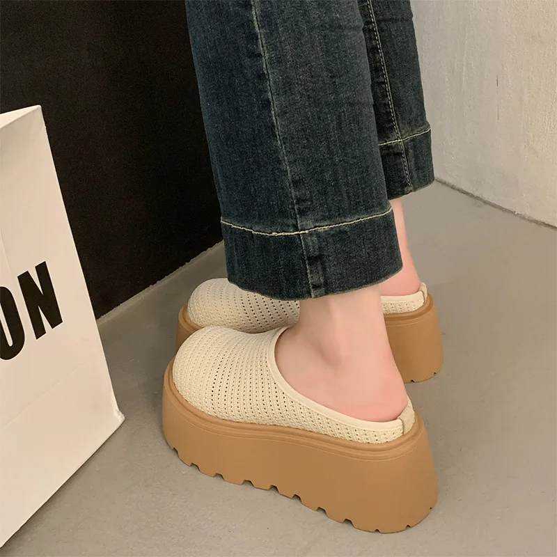 Women's Yellow Mesh Platform Mules Breathable Closed Toe Slip On Wedge Sandals Casual Summer Outdoor Thick Sole Slippers Woman