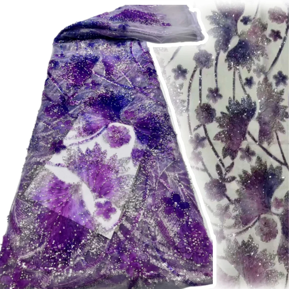 

High Grade African Beaded Lace Lace 2025 High Quality Nigerian Sequins Mesh Lace French Tulle Fabric for Sewing Dresses SZ1537