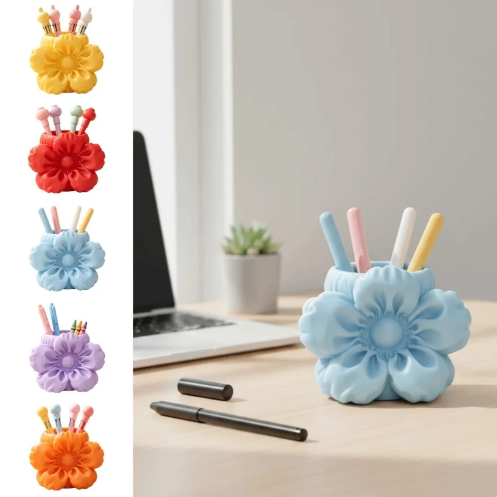Desktop Organizer Puff Flower Pen Holder Makeup Brush Bin Stationery Storage Cherry Blossom Ornament Stable Pen Container