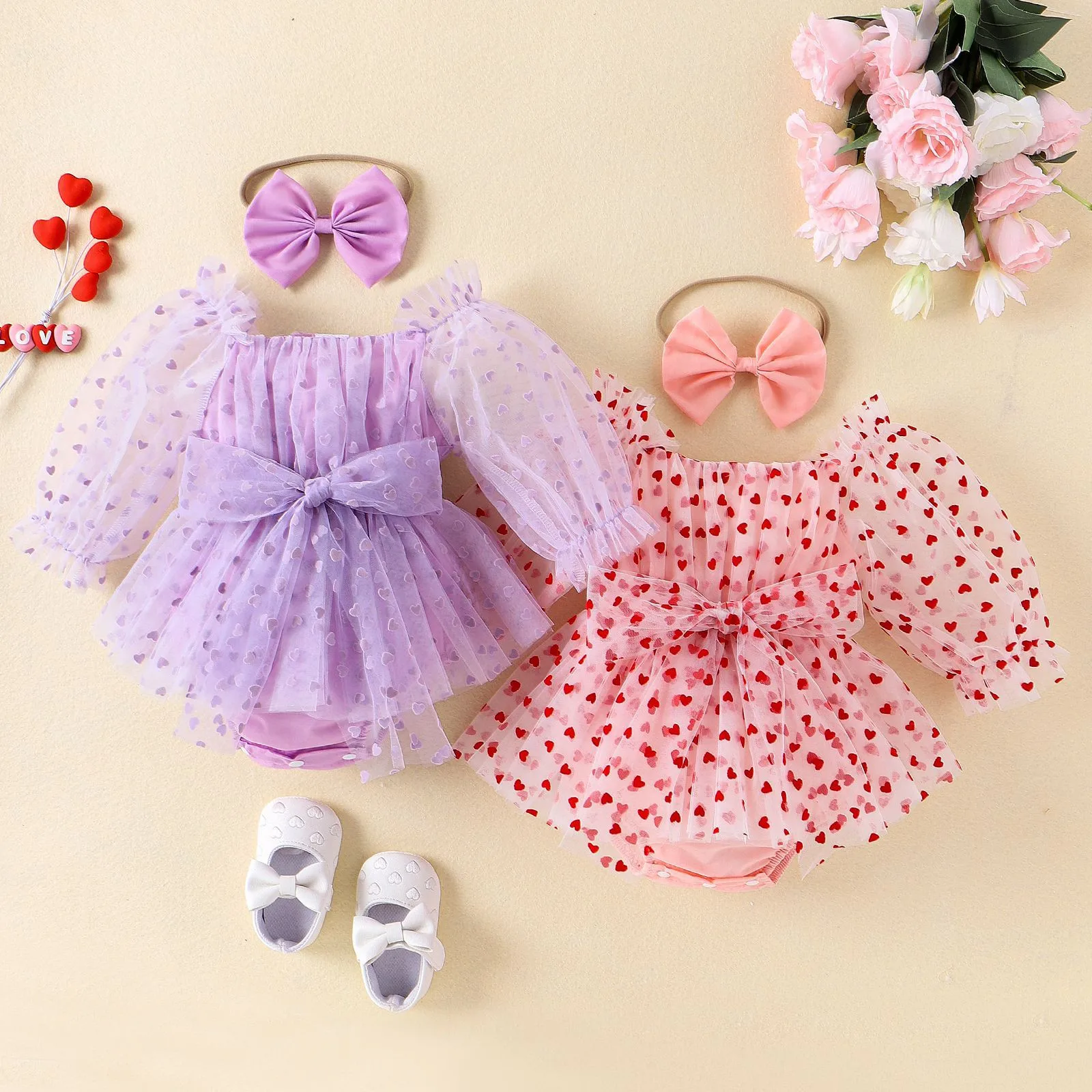 0-18M Infant Baby Girls Valentine\'s Day Romper Tutu Dress Heart Print Long Puff Sleeve Mesh Tulle Jumpsuits With Bow Headband