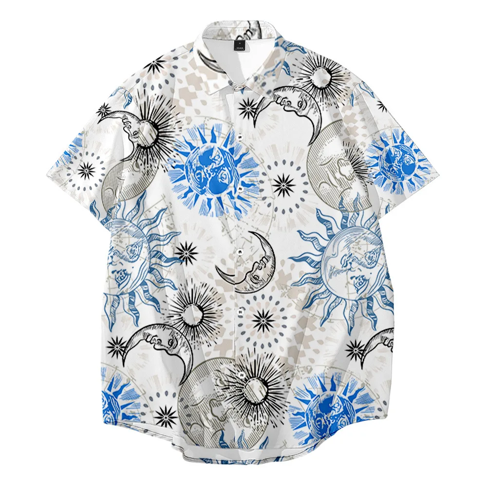 New Moon Shirt y2k hombre Harajuku thin adult Hawaiian shirt Short-sleevedloose star and moon pattern beach Tops 1