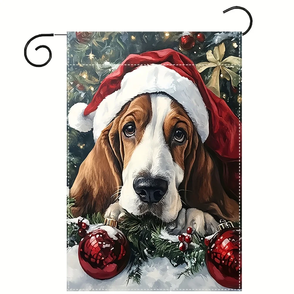 1pc Christmas Basset Hound Outside Garden Flag Double-Sided Holiday Decoration with Santa Hat Ornaments, Heavy-Duty