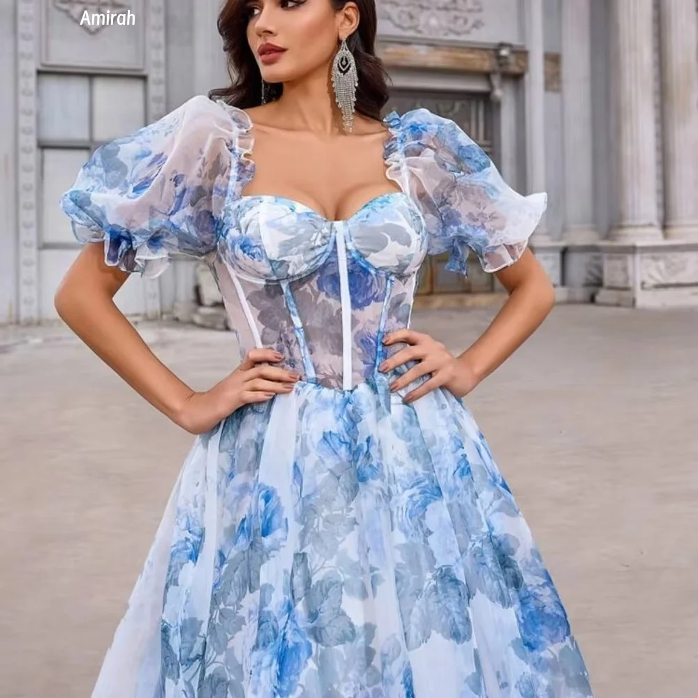 Abiti da sera a maniche corte con colletto quadrato Amirah Donna Elegante abito da festa elegante da donna di lusso Abito da ballo su misura