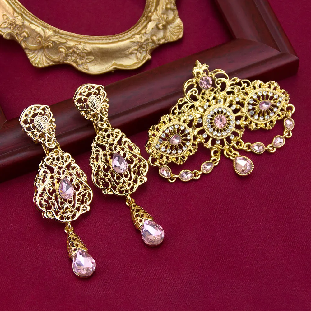 Gold Color Moroccan Jewelry Caftan Brooch Earring Sets For Women Arabic Bridal Ethnic Wedding Bijoux