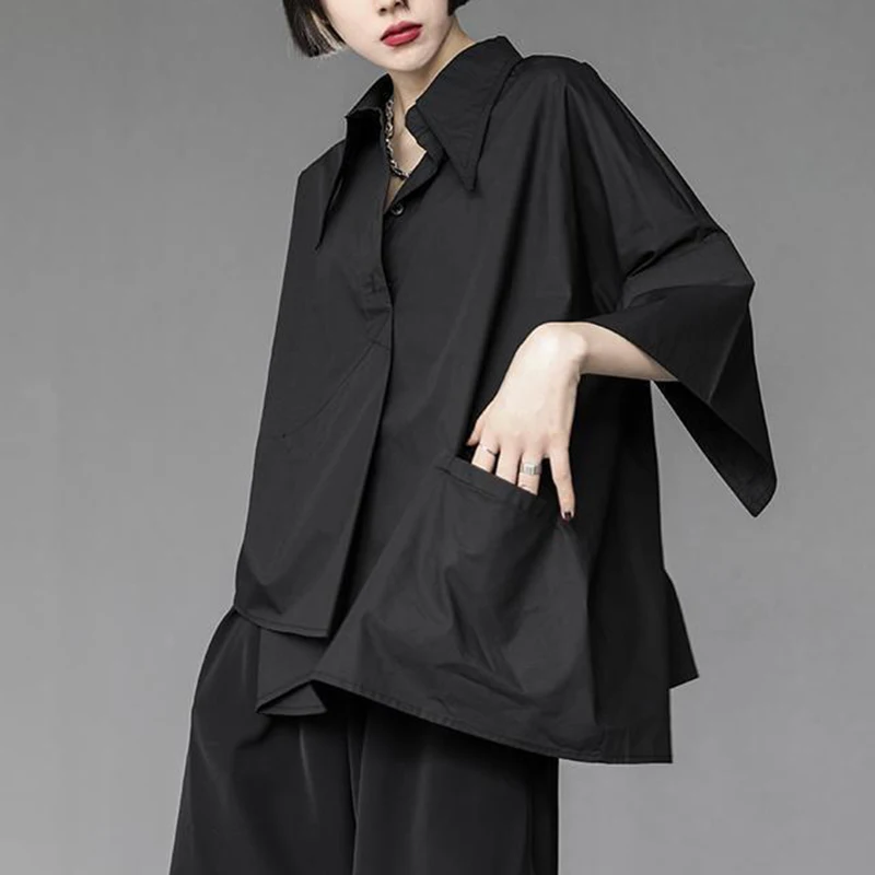 Summer Fashion Solid Color Irregular Black Shirt Ladies 3/4 Sleeve Street Wear Pullover Blouse Women Harajuku Y2K Vintage Top