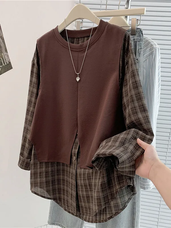 

Retro Plaid Long Sve irt Panelled Sweatirt Women's Spring Autumn Loose Design Sense Panelled Fake Two-Piece Top