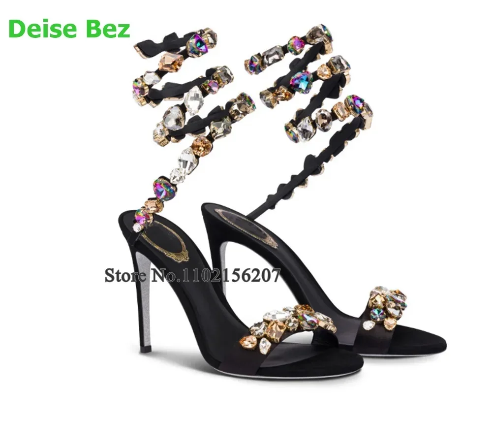 

Роскошные сандалии со стразами и ремешком на щиколотке для женщин, пикантные модные элегантные летние туфли на тонком высоком каблуке с круглым носком