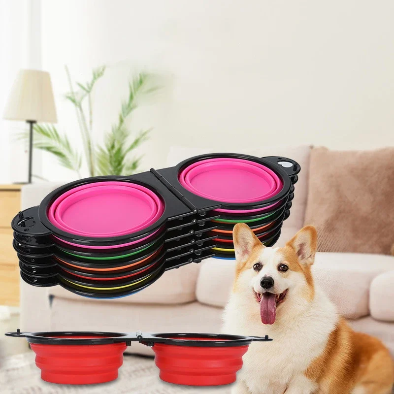 2 in 1 Dog Bowl Portable Folding Pet Double Bowl Collapsible Silicone Water Bowls for Dog Accessories Dogs Bowl Cat Accessories