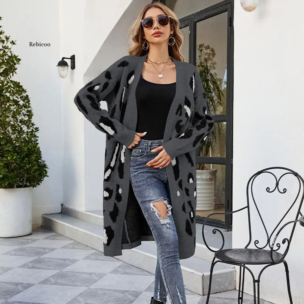 New Leopard Print Knitted Cardigan Women's Knee Length Loose Oversized Seahorse Wool Casual Fashion Sweater Coat