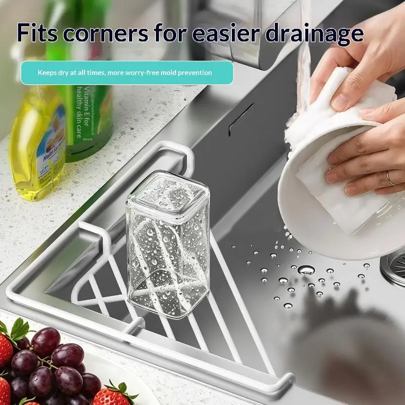 (BF06)Stainless Steel Sink Corner Rack Anti-rust Punch-free Dish Drying Rack Quick Water Drainage Hollowed Sponge Stand