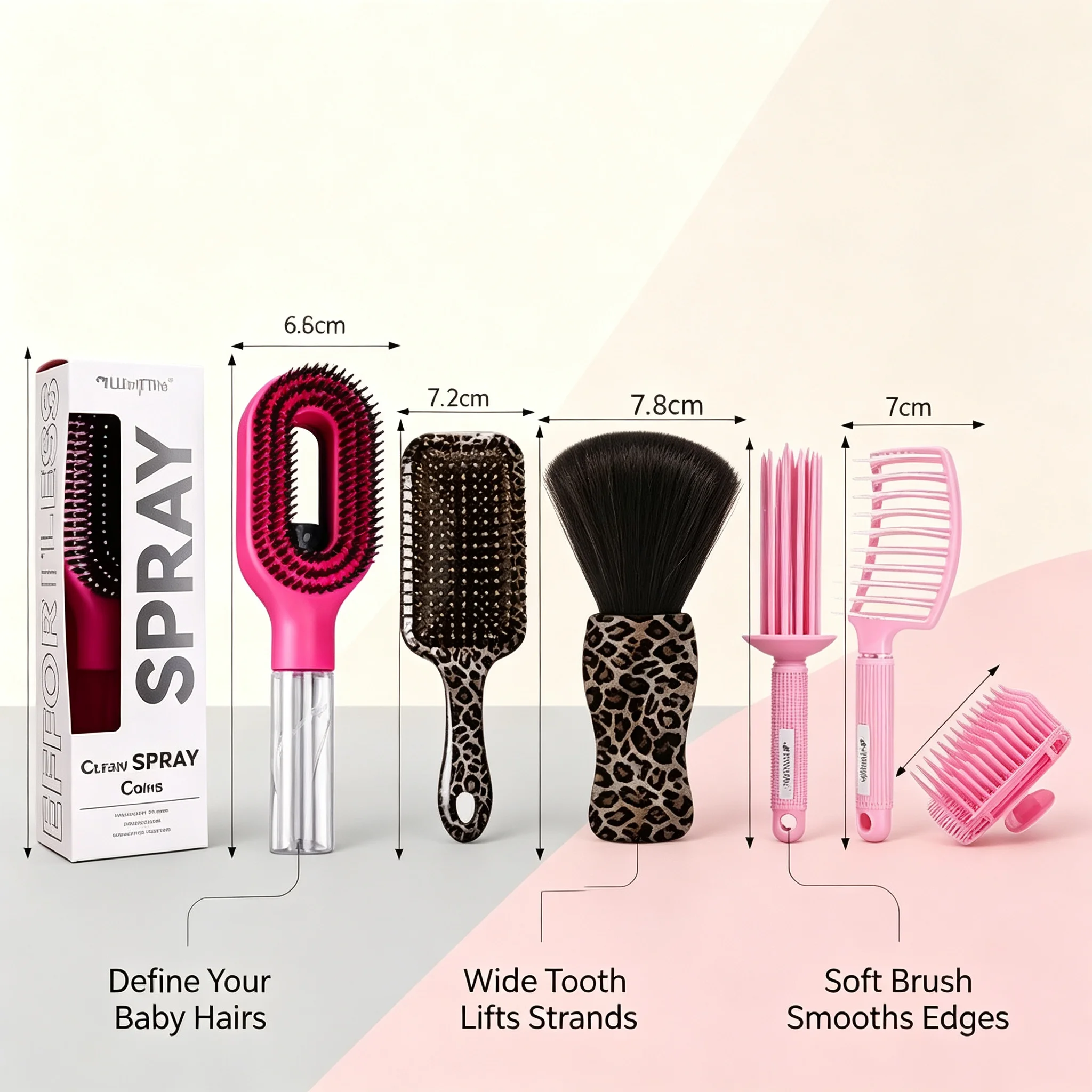 Leopard Print & Pink Hair Styling Tools Set, Spray Cleaning Comb, Air Cushion Massage Brush, Neck Duster Brush, Multi Hair Combs Kit for Salon Hairdressing view 6