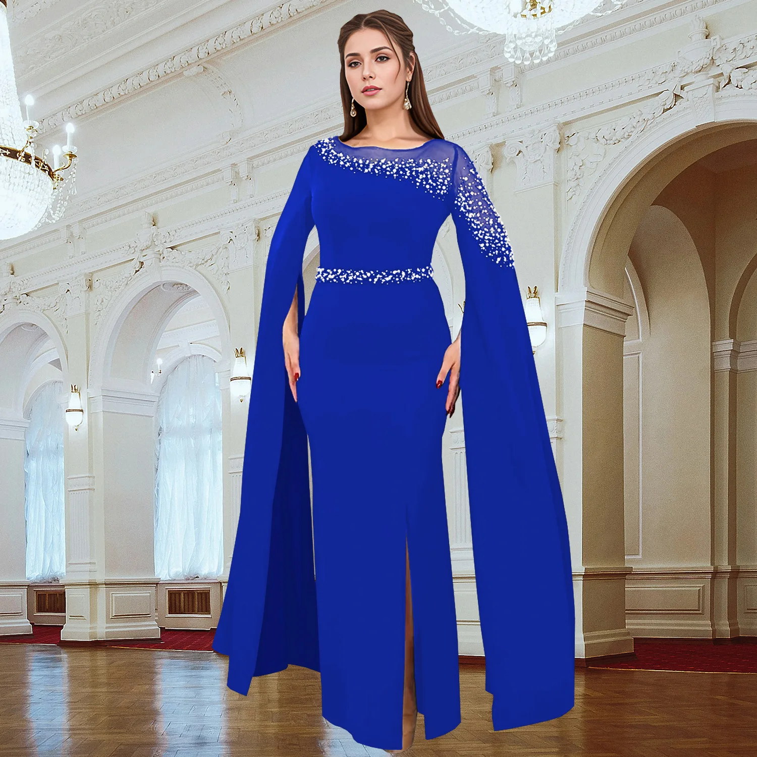 فستان سهرة نسائي أوروبي وأمريكي مخصص للبالغين، فستان سهرة بأكمام عباءة مرصعة بالألماس #6