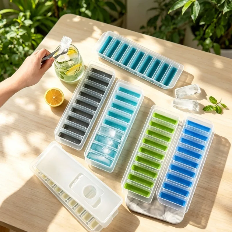 1pc Long Ice Cube Mold With Lid Water Injection Design Household Refrigerator Homemade Ice Making Container Kitchen Freezing