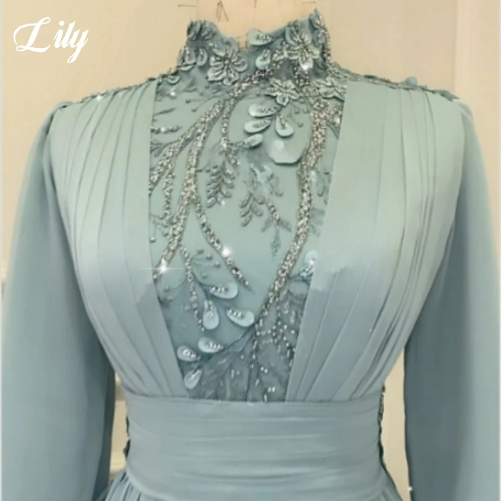 Lily Green Muslim Evening Dress High-Neck Long Sleeves Prom Dress  Flower Type Shiny Sequins Pleating Ball Gown Dubai Customized image 3