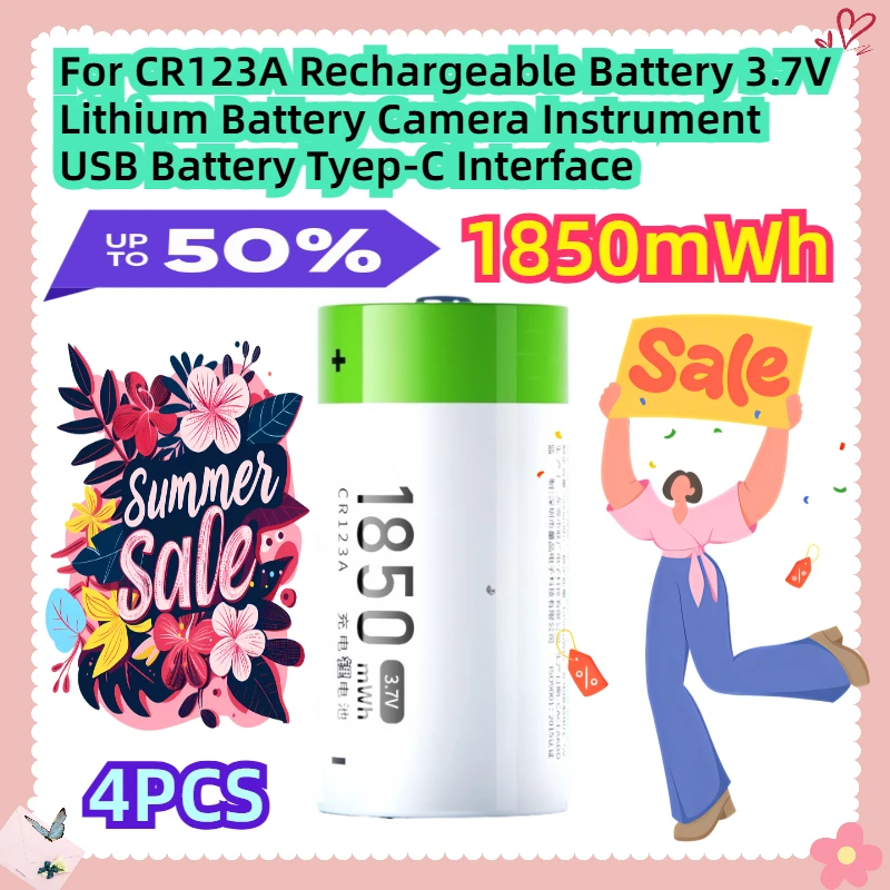 

4PCS 1850mWh For CR123A Rechargeable Battery 3.7V Lithium Battery Camera Instrument USB Battery Tyep-C Interface