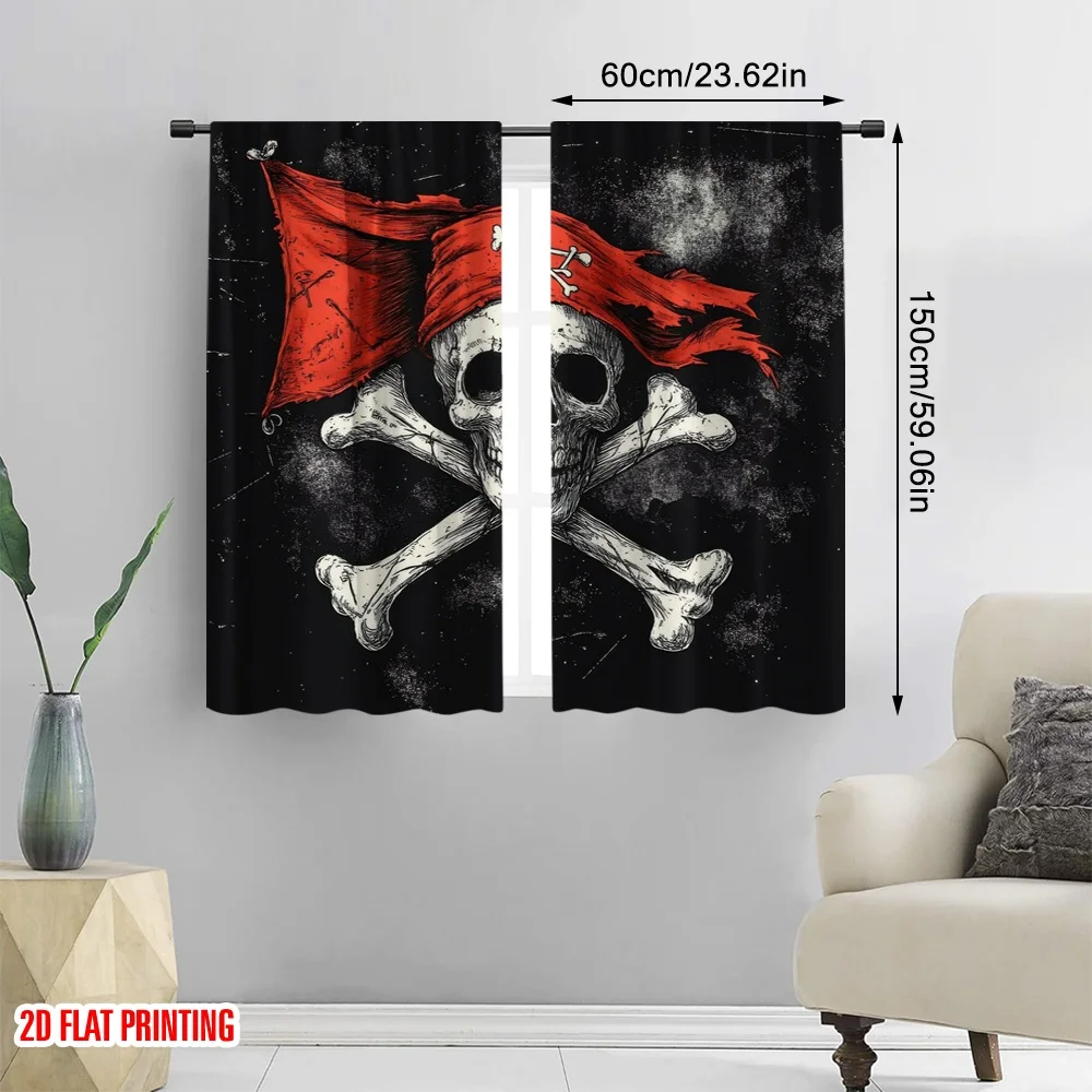 2pcs,2D plane printing Pattern Curtains Pirate Emblem Polyester Fabric (without rod) Holiday Ldeal for Bedroom & Various Living